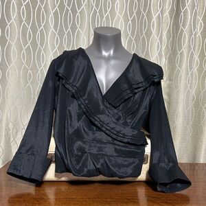 VTG NWOT Chic Chagall Black V Neck Wrap Style Ruffled Long Sleeve Top Size XL
